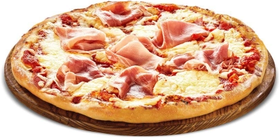 Tomatensaus, kaas, en ham.