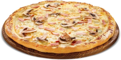 Tomatensaus, kaas, ham en champignons.